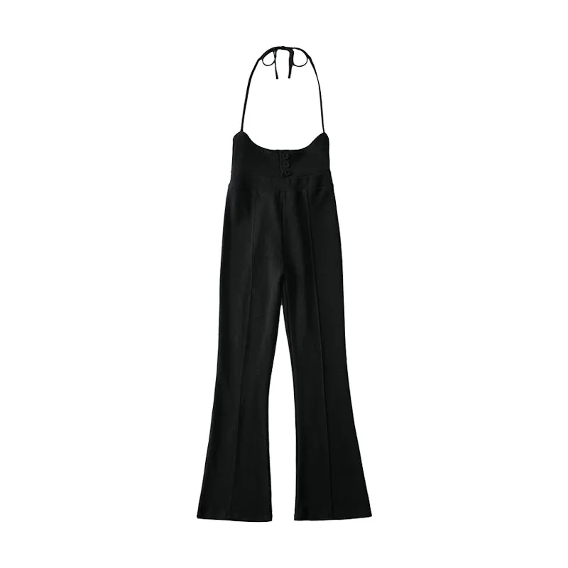 Ruby Solid Color Slim Button Up Flare Jumpsuit Pants