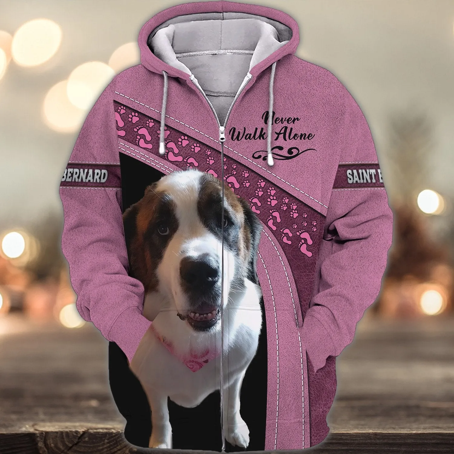 Saint Bernard Love Pink Never Walk Alone 3D Full Print Shirts, Sweatshirt for Dog Lovers