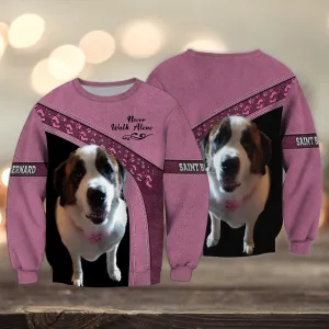 Saint Bernard Love Pink Never Walk Alone 3D Full Print Shirts, Sweatshirt for Dog Lovers