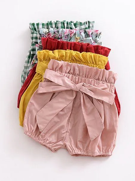 Selvedge Baby Girls Summer Lantern Shorts Infant Bread Pants Solid Color/Checked