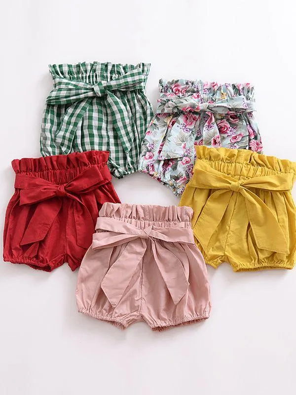 Selvedge Baby Girls Summer Lantern Shorts Infant Bread Pants Solid Color/Checked