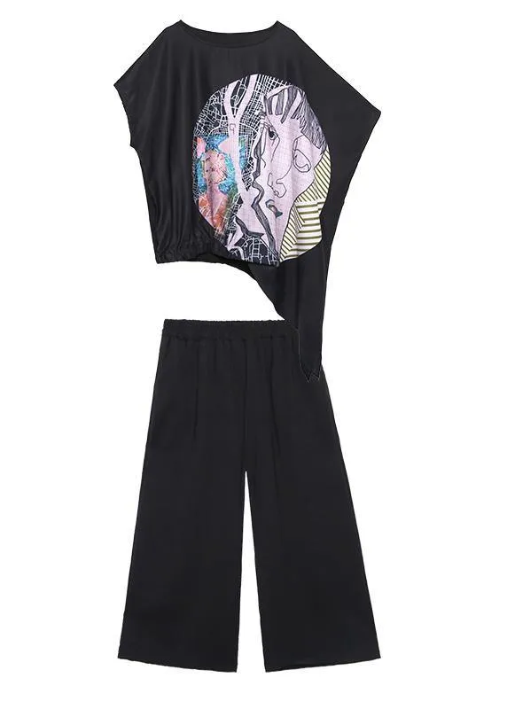 Slim summer large size casual fashion printed T-shirt   wide-leg pants two-piece suit