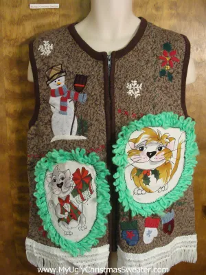 Snowmen with a Broom Christmas Sweater Vest with Cat