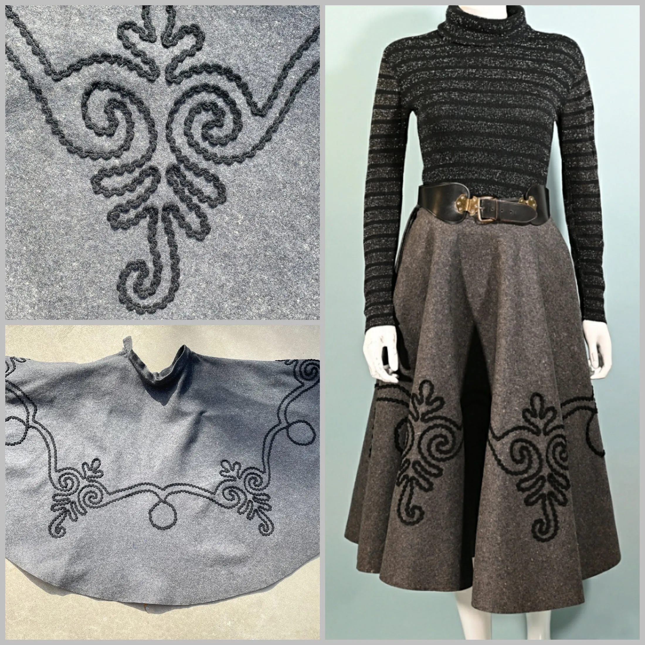 SOLD Vintage 50s Gray Wool Felt Full Sweep Skirt, Soutache Trim Rockabilly Skirt S