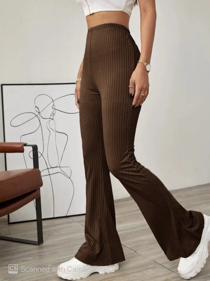 SOLID RIBBED FLARED-LEG PANT