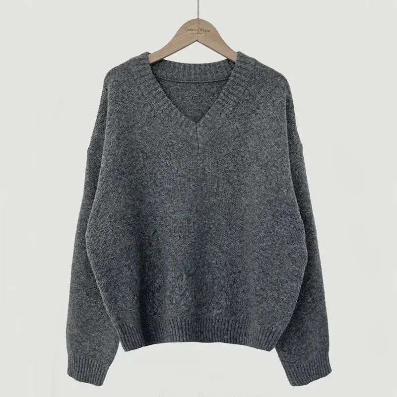 South Korea Basic Style V-neck Pullover Sweater Thermal Knitting