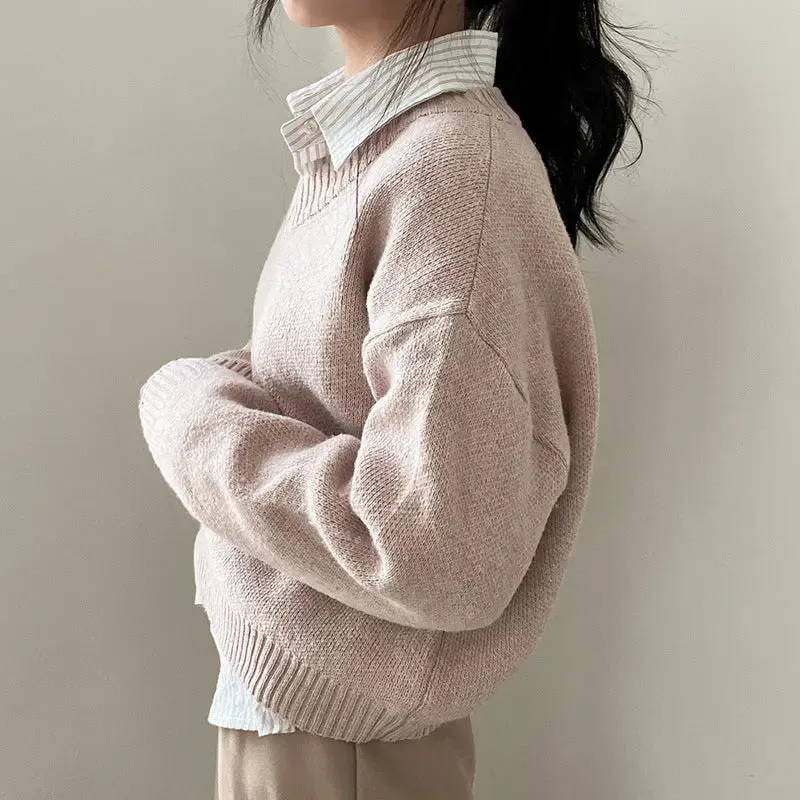 South Korea Basic Style V-neck Pullover Sweater Thermal Knitting