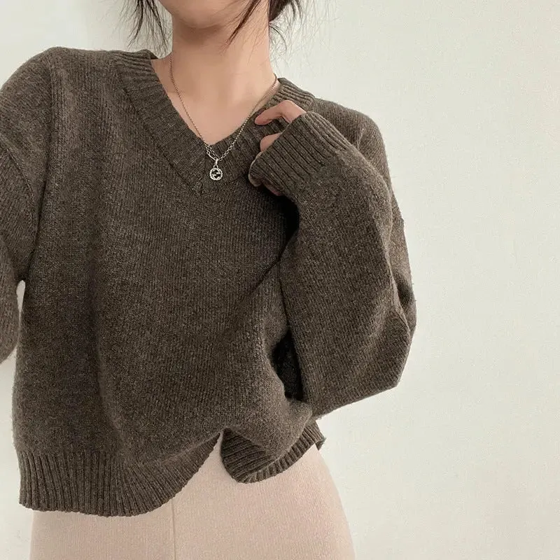 South Korea Basic Style V-neck Pullover Sweater Thermal Knitting