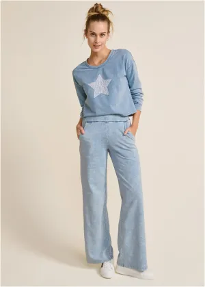 Stone Wash Sequin Pant Set - Blue & White