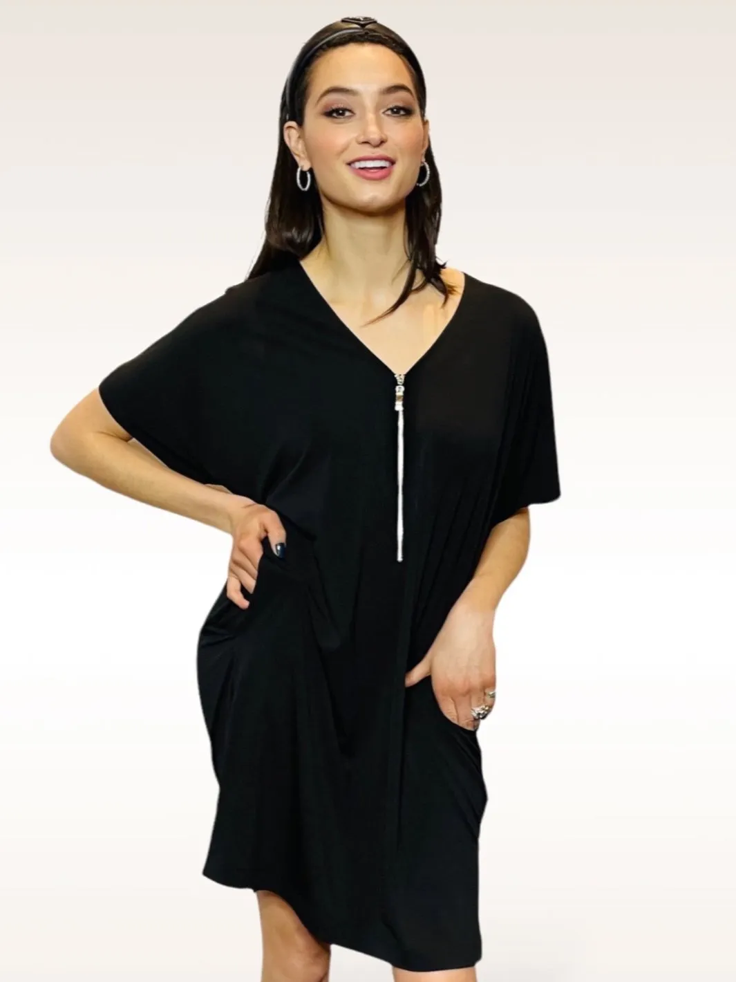 Stretch Matt Jersey Zip Front V-Neck Dress - The Watts