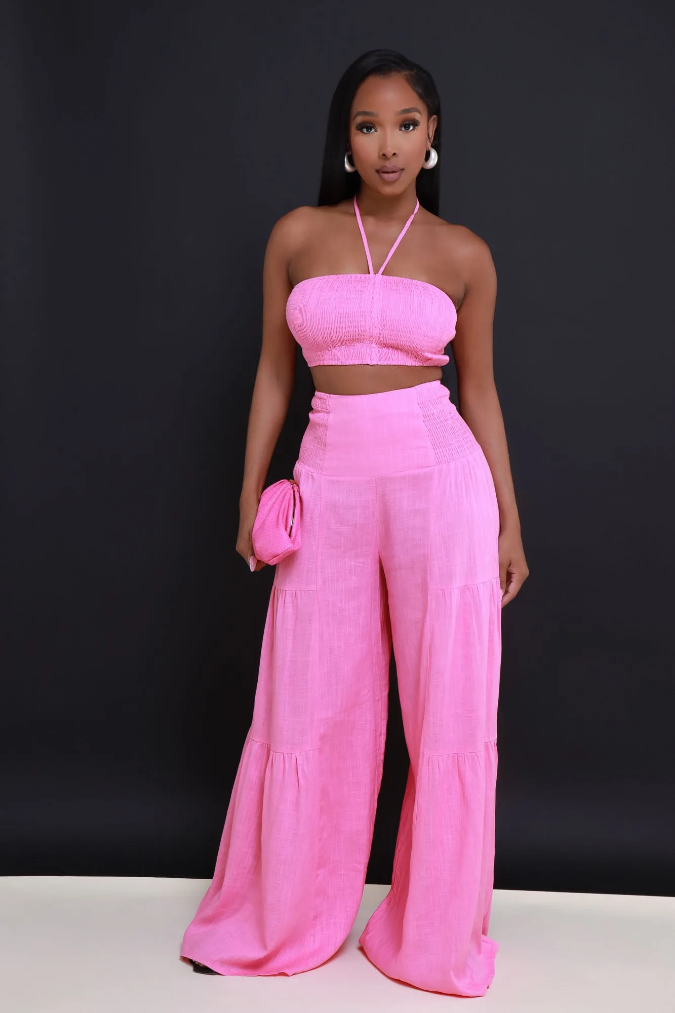 Surrender Cropped Wide Leg Pants Set - Candy Pink