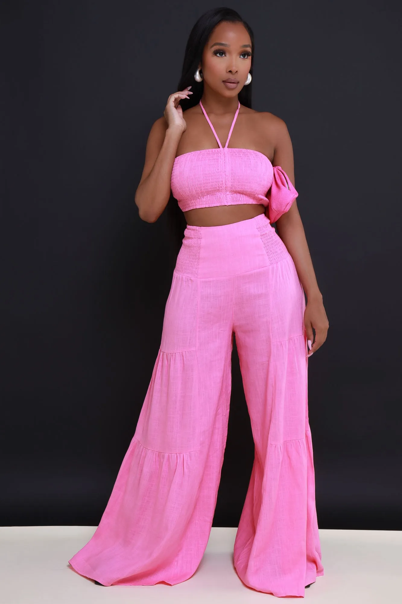 Surrender Cropped Wide Leg Pants Set - Candy Pink