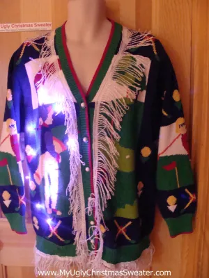 Tacky Ugly Christmas Sweater Golf Theme with Lights and Fringe (g86)