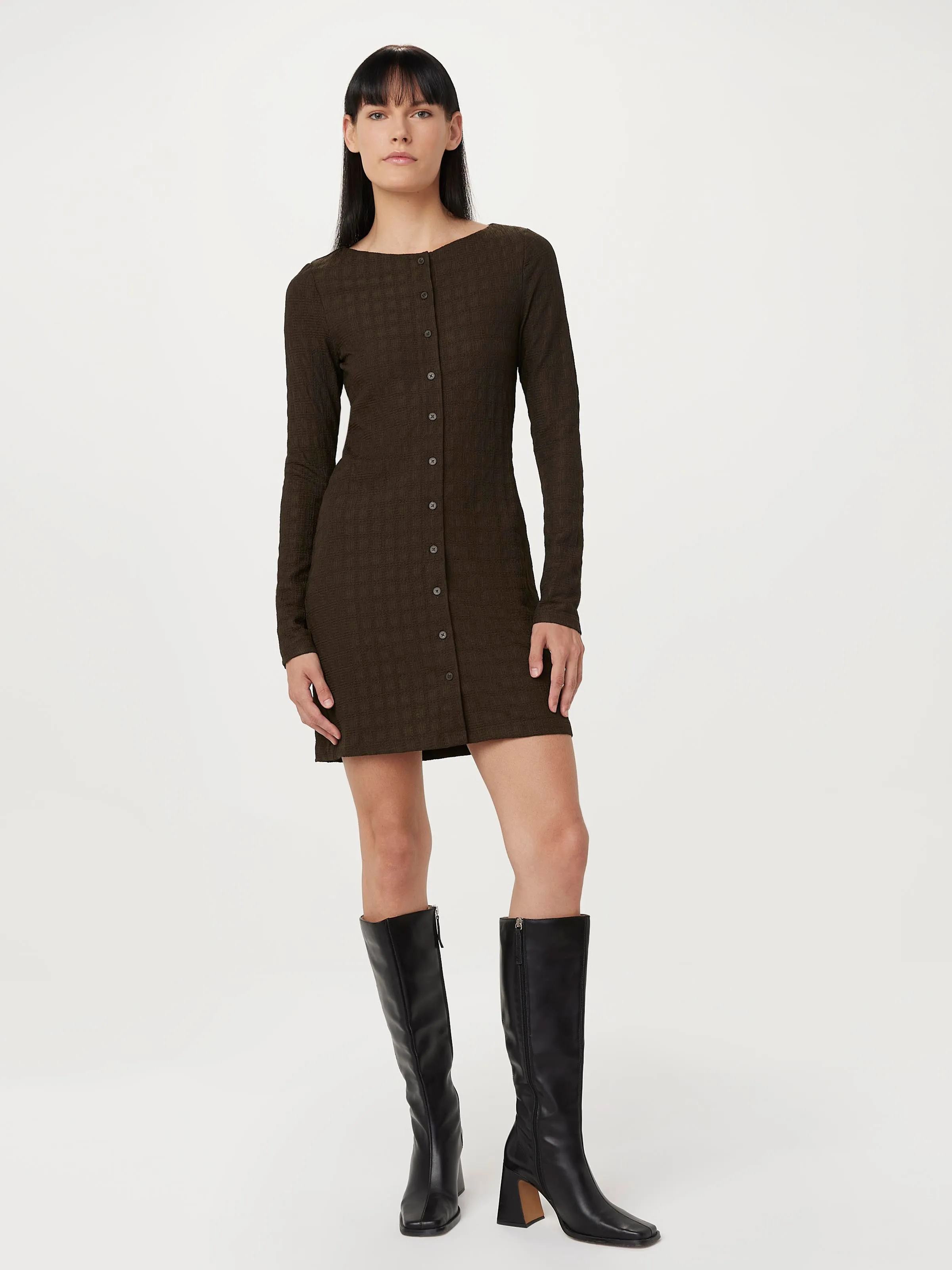 The Buttoned Textured Dress in Brown Black