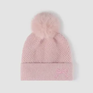 Thermal Bow Knit Hat with Pompom