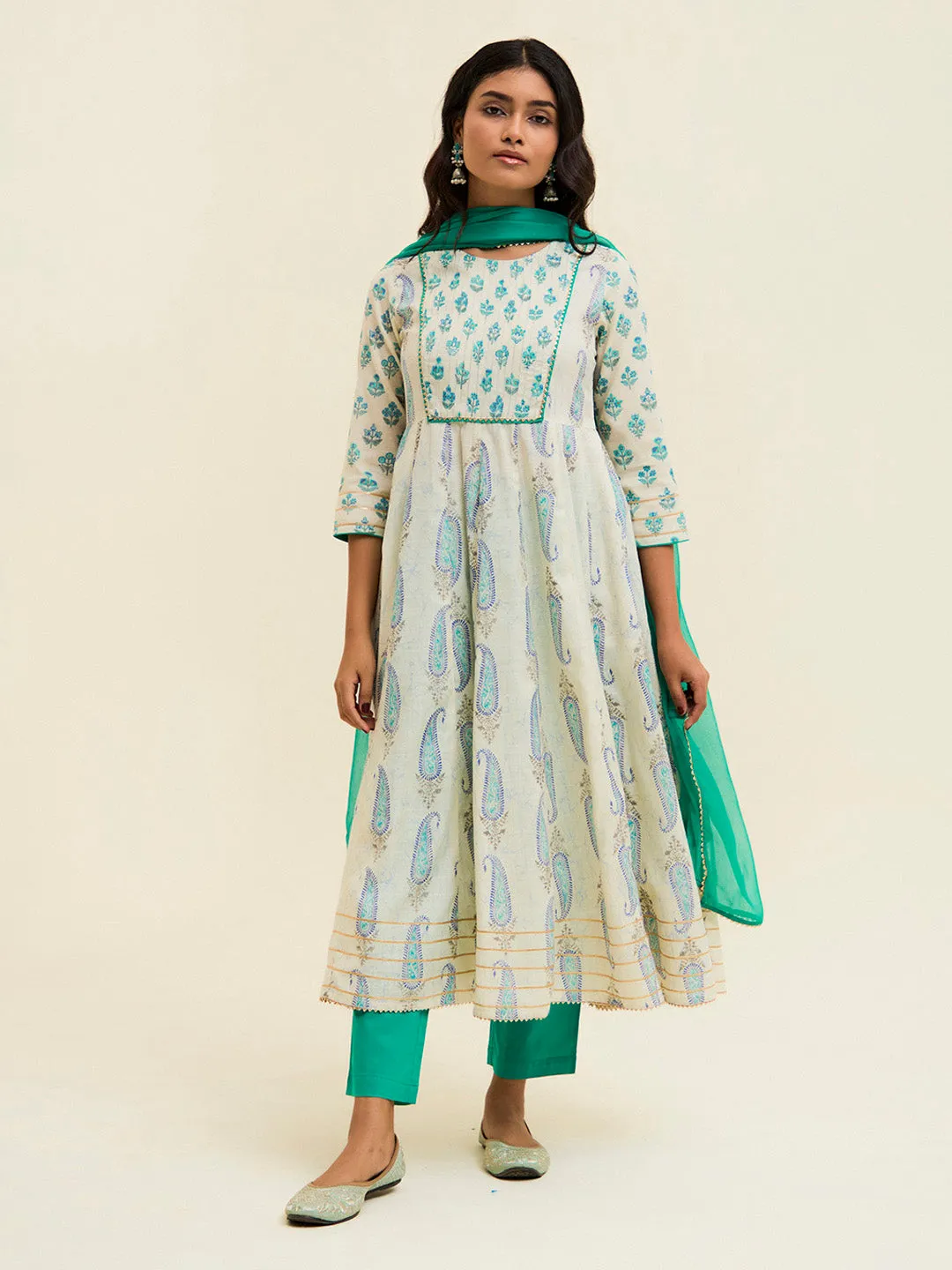 Turquoise Blue Block Printed Anarkali Kurta Set With Dupatta