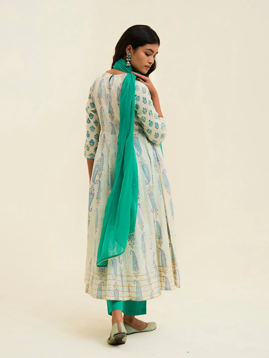 Turquoise Blue Block Printed Anarkali Kurta Set With Dupatta