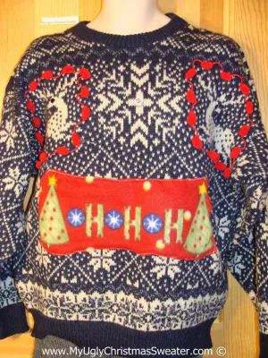 Ugly Christmas Sweater Party Vintage Reindeer Sweater with Crafty Pom Pom Trims (v26)