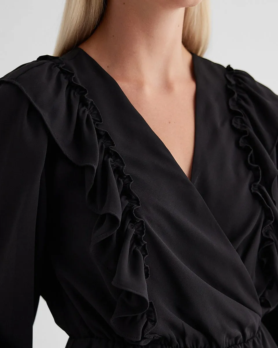 V-Neck Faux Wrap Flutter Ruffle Peplum Top in Pitch Black