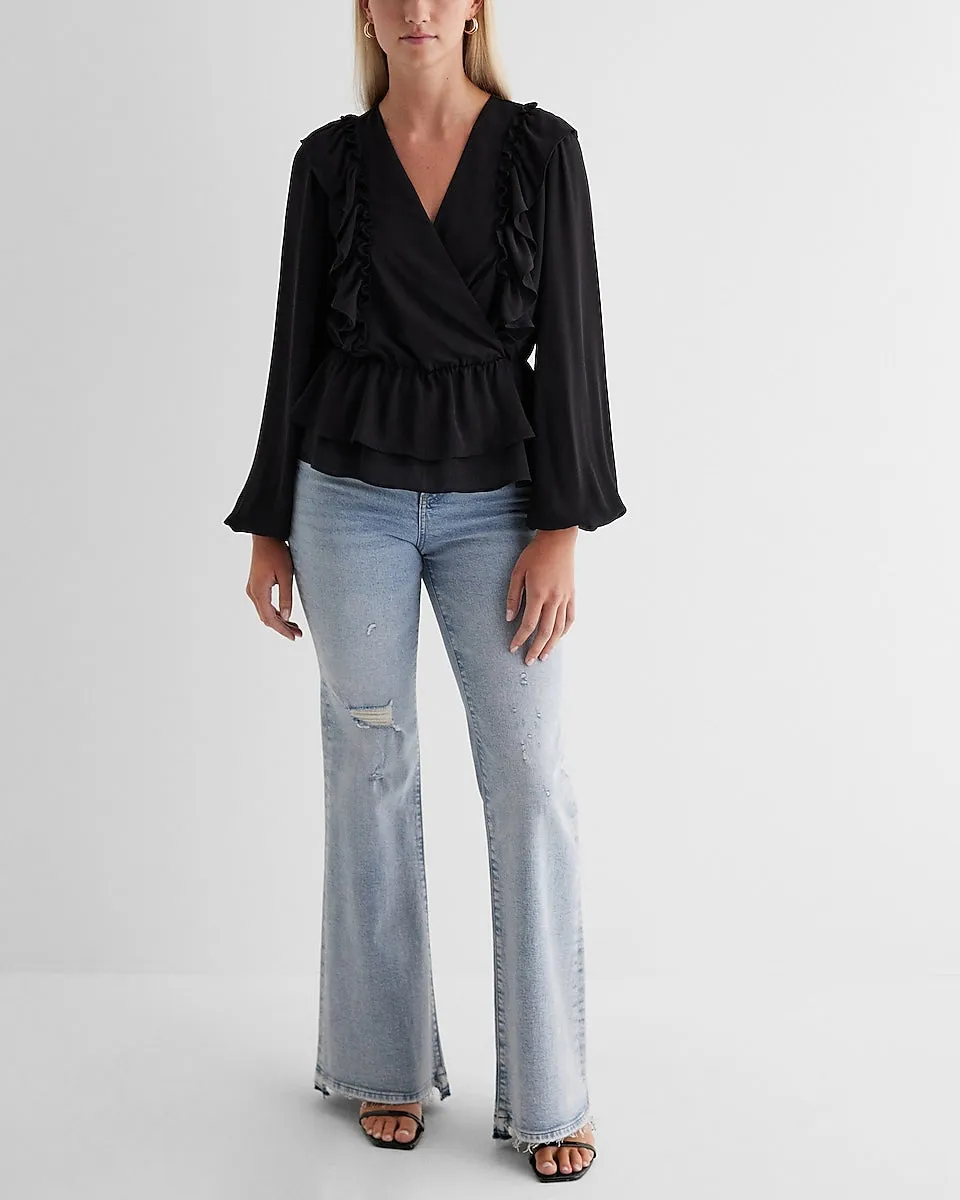 V-Neck Faux Wrap Flutter Ruffle Peplum Top in Pitch Black