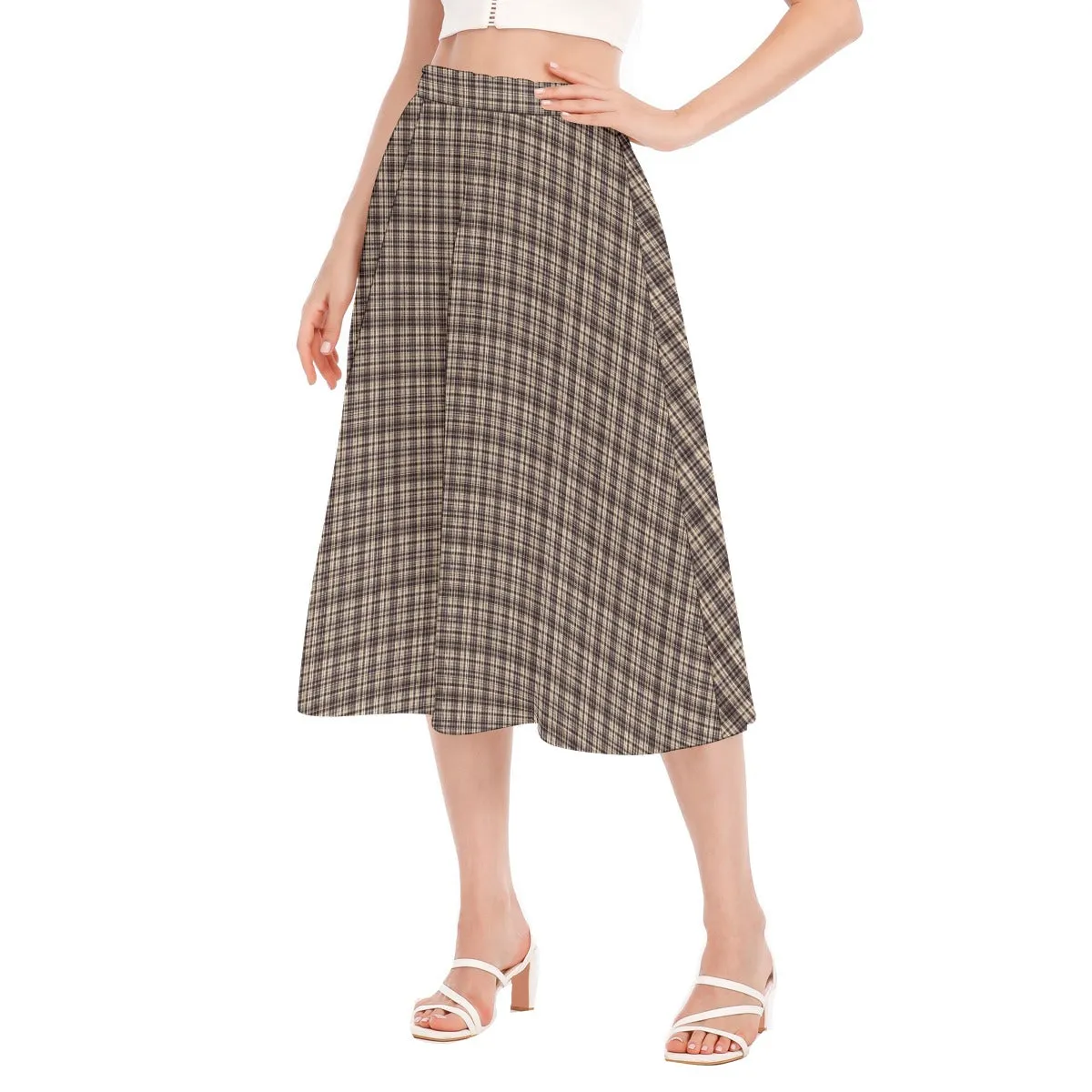 Vampire Art Dark Academia Cream & Black Vintage Tartan Women's Long Section Chiffon Skirt