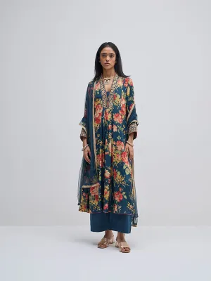 Vark Blue Floral A-Line Kurta, Pants and Dupatta Set