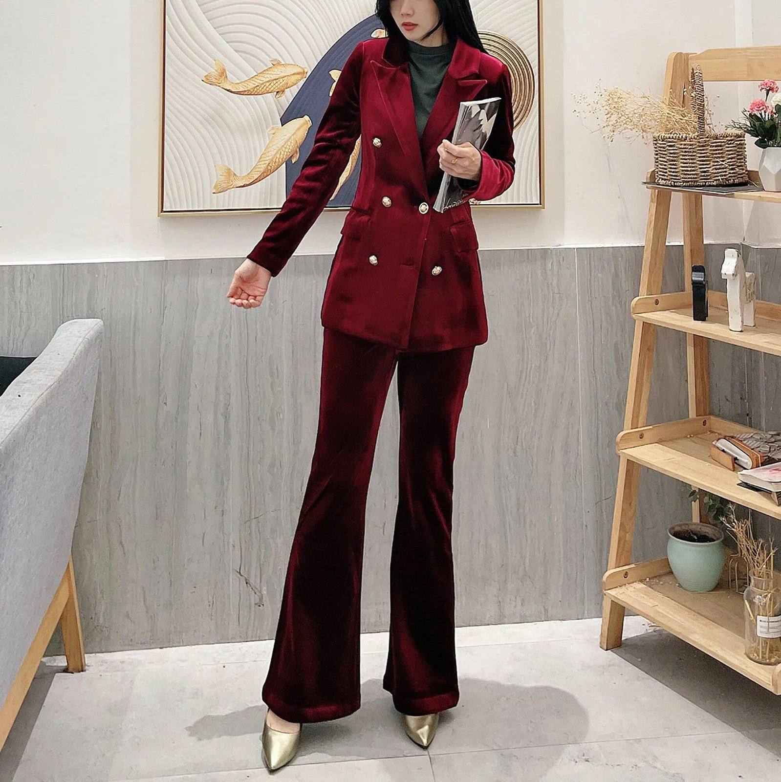 Velvet Double Breasted Blazer & Flare Pants Suit Set