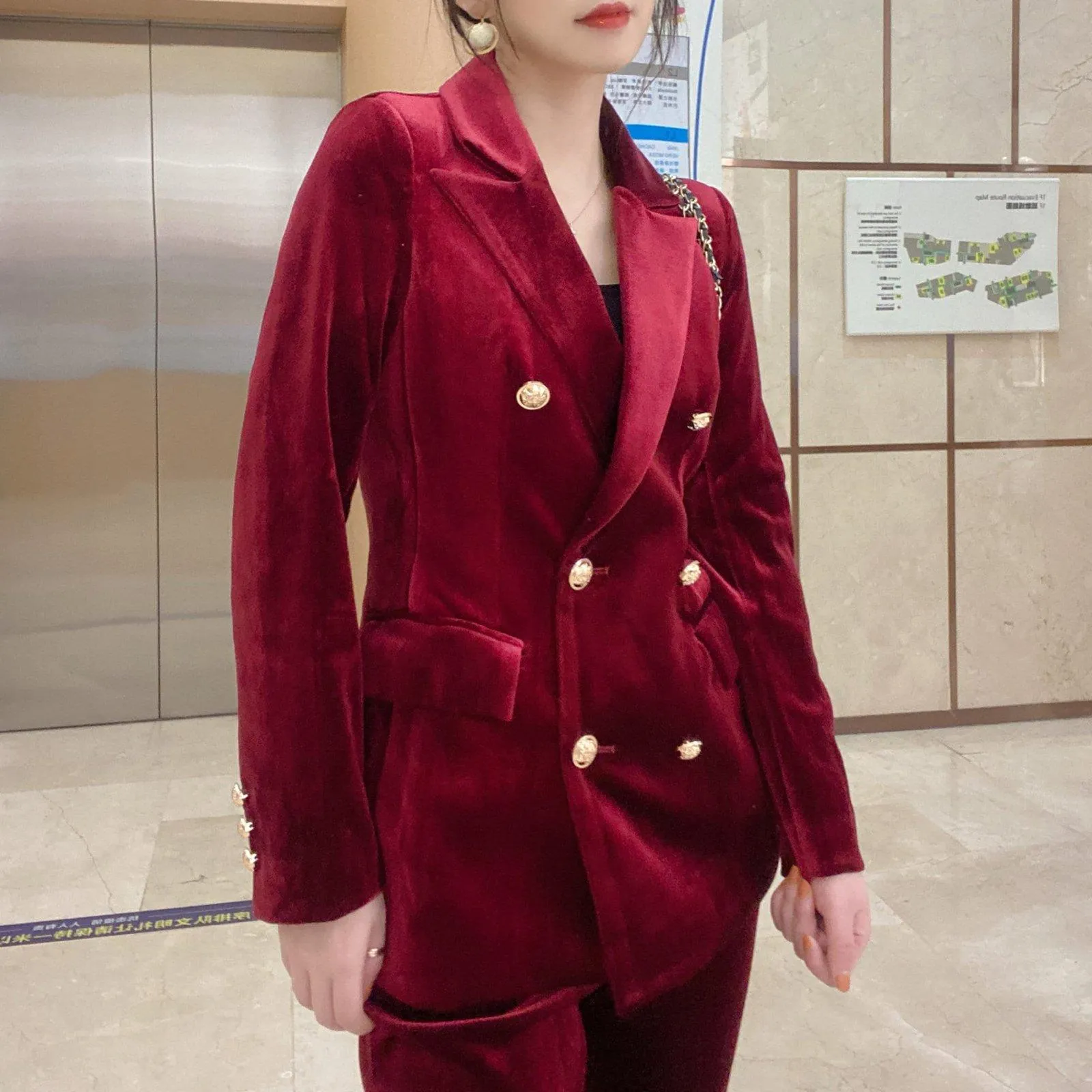 Velvet Double Breasted Blazer & Flare Pants Suit Set