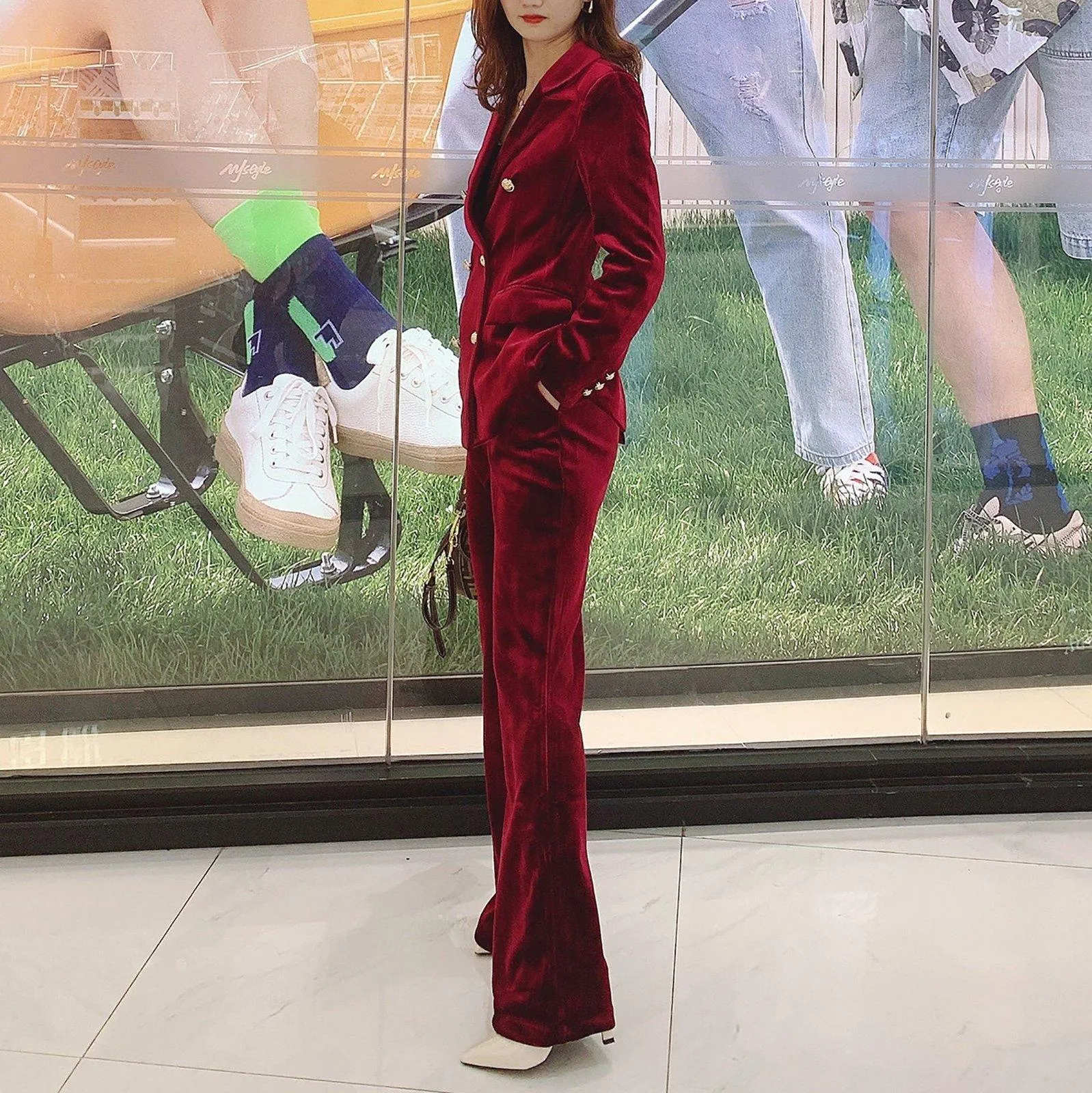 Velvet Double Breasted Blazer & Flare Pants Suit Set