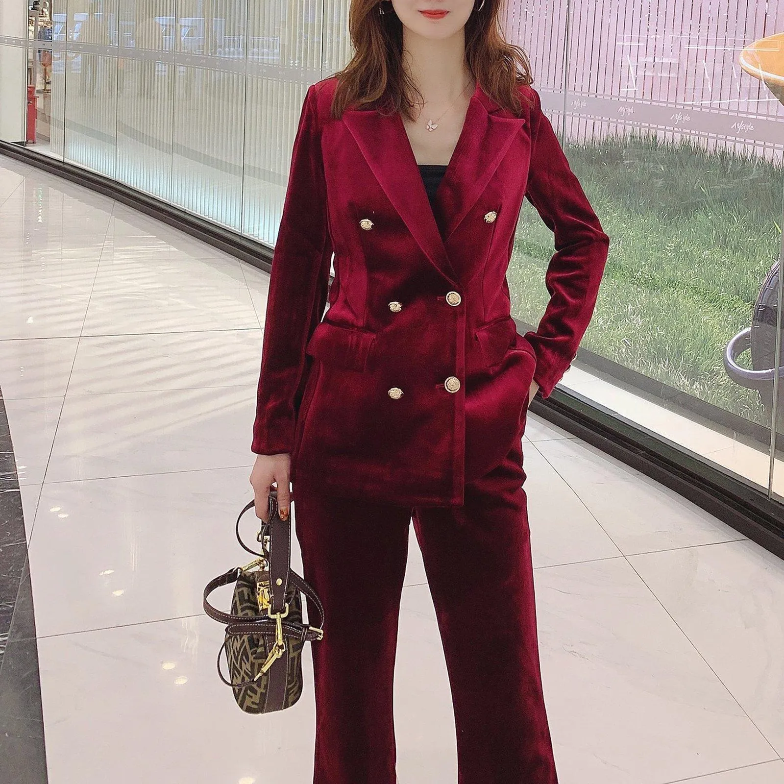 Velvet Double Breasted Blazer & Flare Pants Suit Set