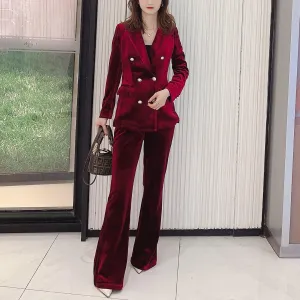 Velvet Double Breasted Blazer & Flare Pants Suit Set