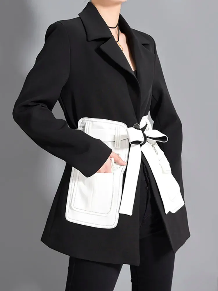 Versatile Monochrome White Pocket Belted Blazer