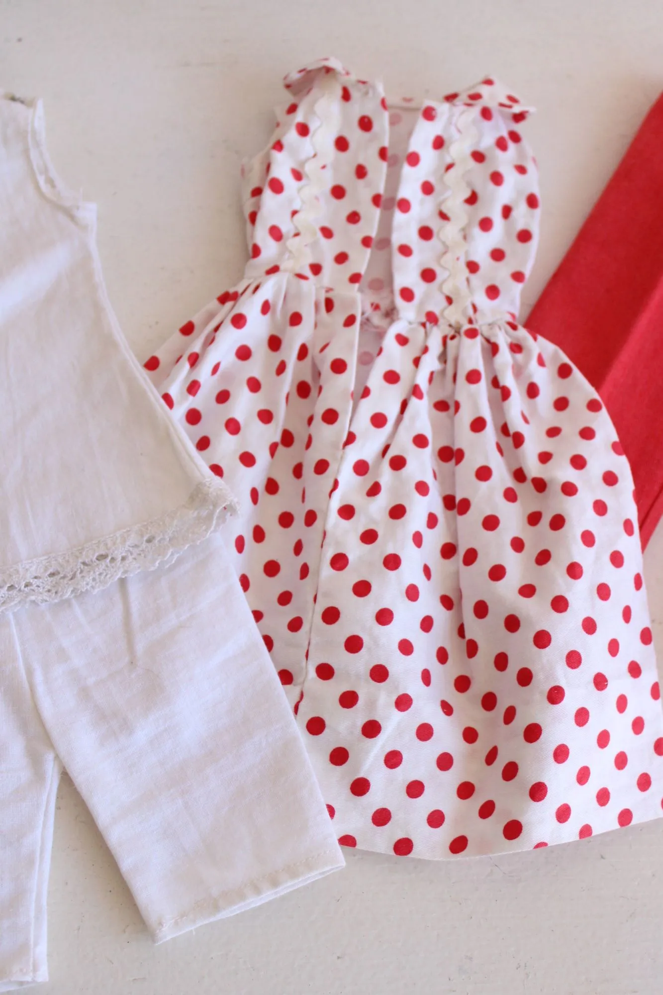 Vintage 1960s Doll Clothes,  Polkadot Dress, White Pajamas, Red Pants