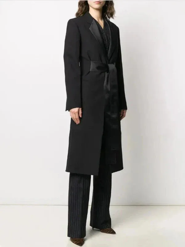 Wenkouban-Winter outfits Christmas Black Friday Lapel Collar Tie-Up Pockets Satin Black Tuxedo Blazer Jacket