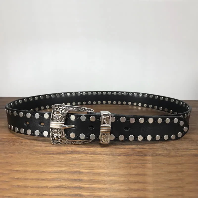 Western Two Rows Round Rivets Studded Leather Belt