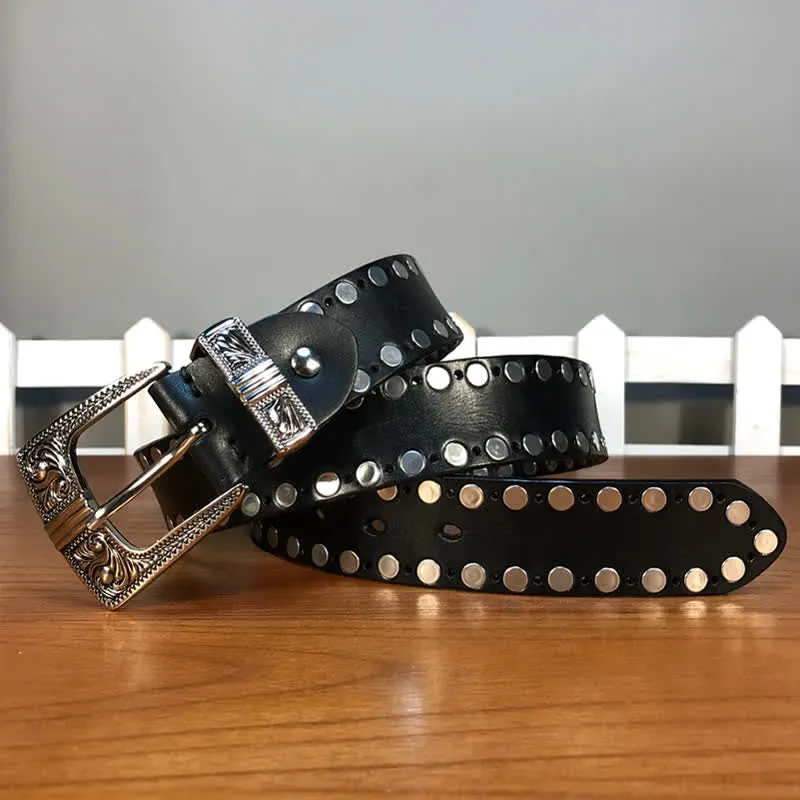 Western Two Rows Round Rivets Studded Leather Belt