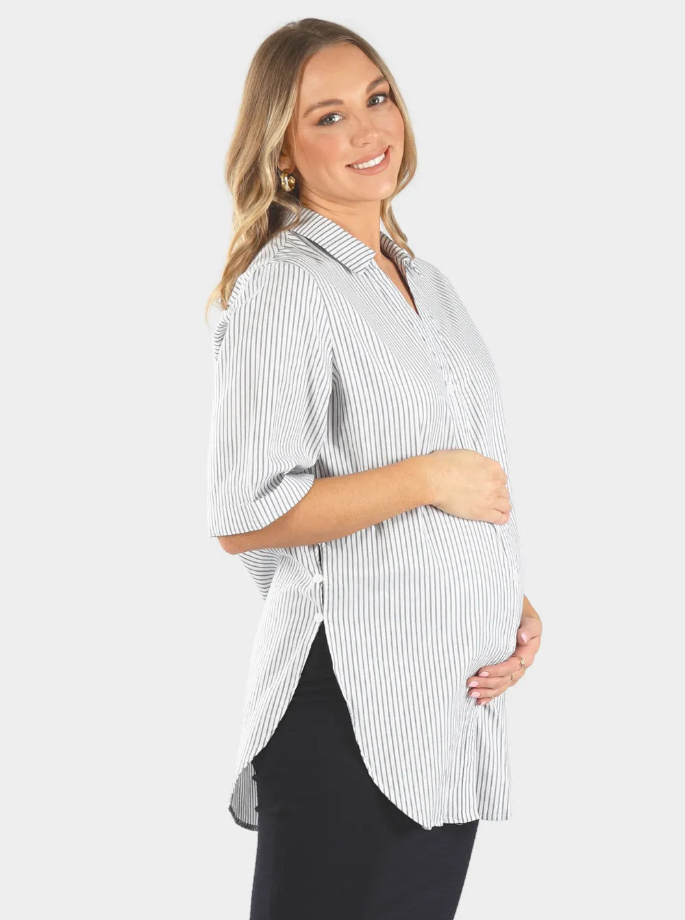 White Maternity & Nursing Cotton Shirt in Navy Stripes