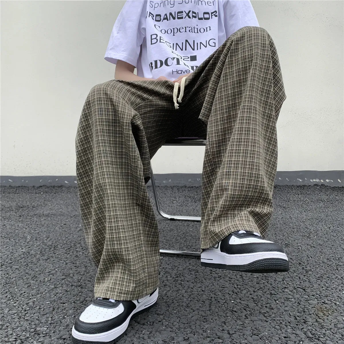 Wiaofellas  -  Summer/Autumn Plaid Pants Men Loose Casual Straight Trousers for Male/Female Harajuku Hip-hop Streetwear Wide-leg Mopping Pants