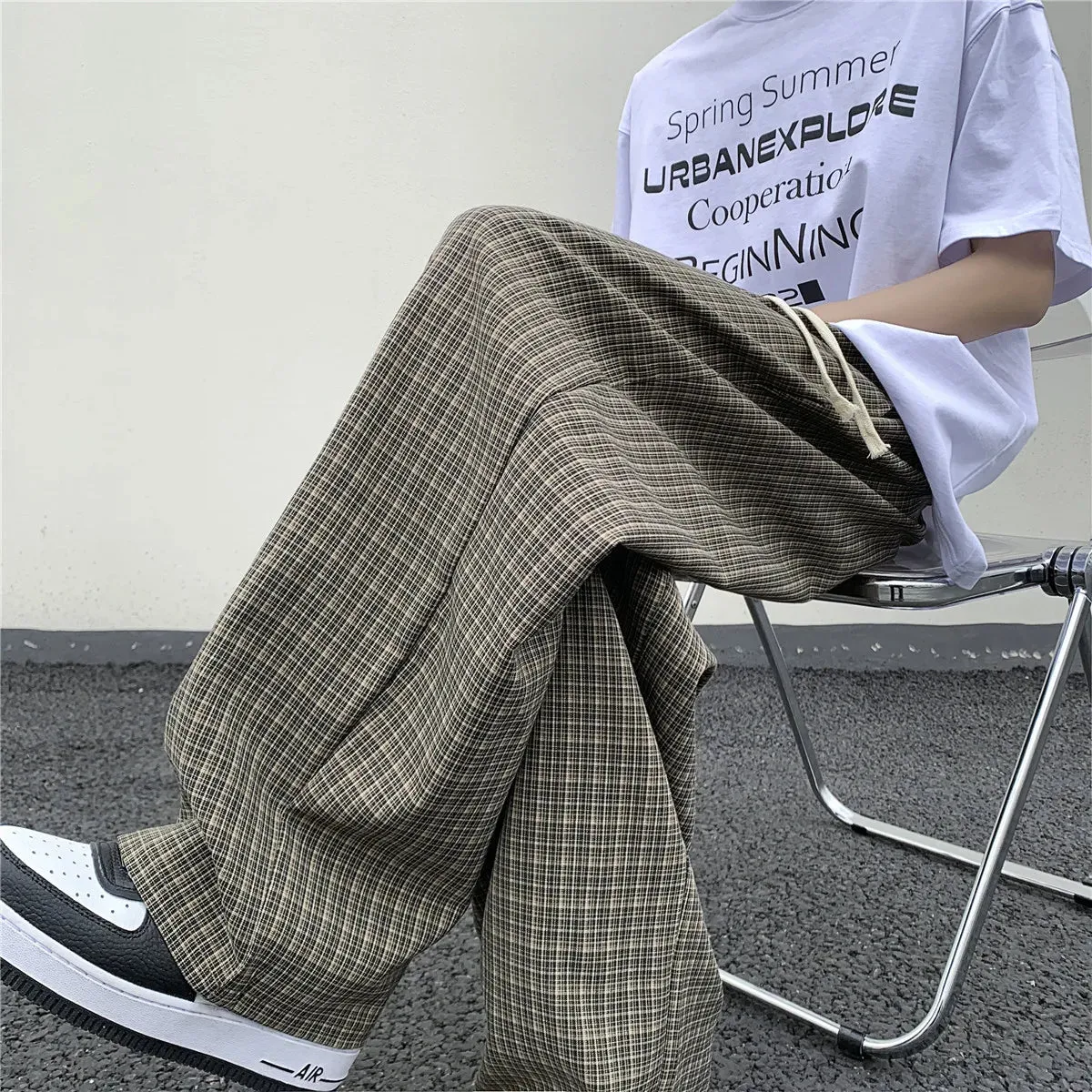 Wiaofellas  -  Summer/Autumn Plaid Pants Men Loose Casual Straight Trousers for Male/Female Harajuku Hip-hop Streetwear Wide-leg Mopping Pants