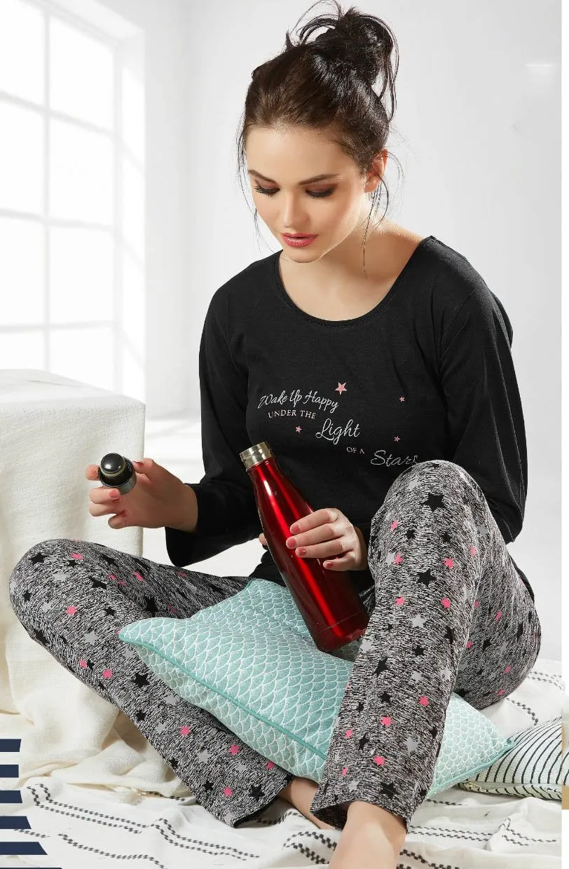 Winter Cotton Printed Sleepwear & LoungewearBlack Night suit Set for ladies