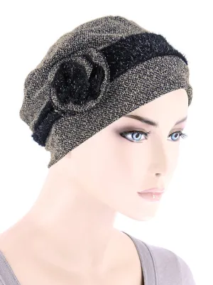 Winter Hat Cap Taupe Black Rosette