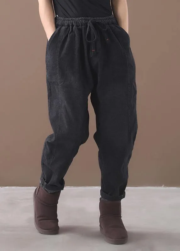 winter new denim black loose pants drawstring thick women trousers