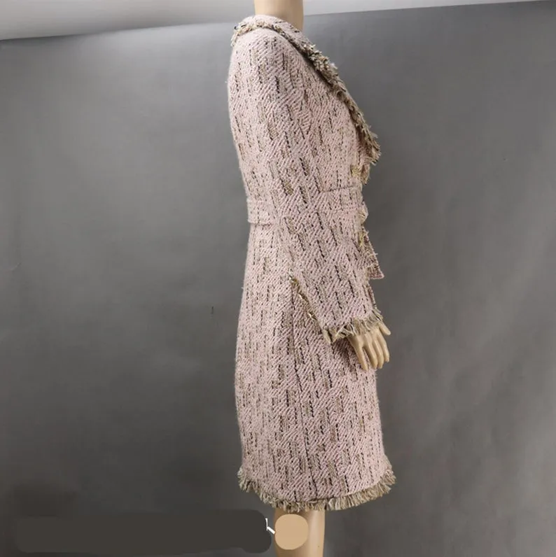 Women Designer Inspired Tweed Wool Blend Pink Trench Coat Outwear Belted