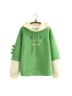 Women Hooded Sweatshirt Casual Loose Long Sleeve Cartoon Embroidery Hoodies Female Winter Fleece Thick Pullover