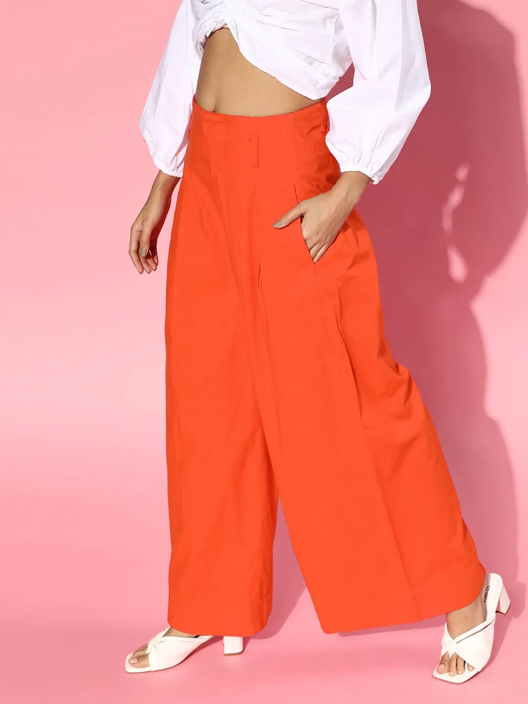 Women Red High Waist Wide Leg Pants