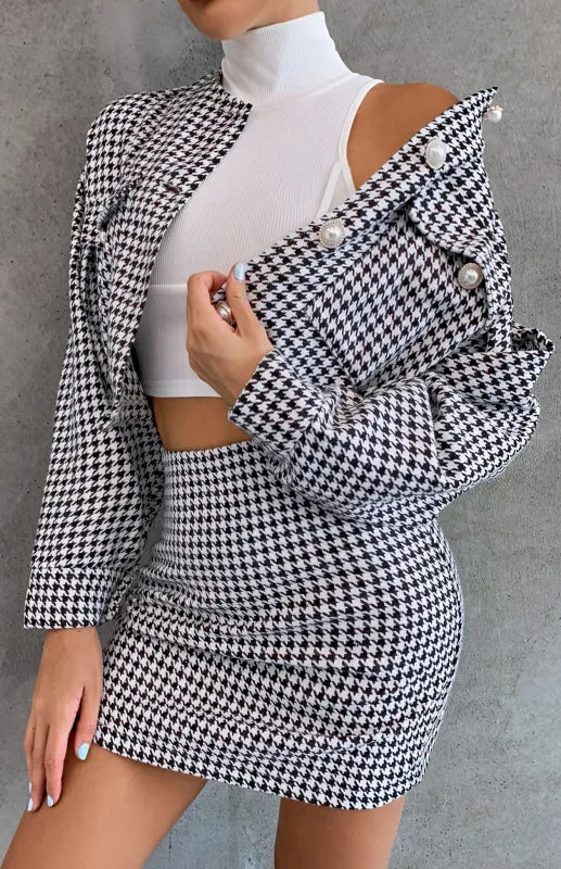 Women's Dogtooth Print Mini Skirt And Short Blazer Matching Set