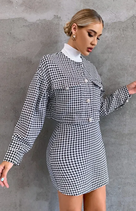 Women's Dogtooth Print Mini Skirt And Short Blazer Matching Set