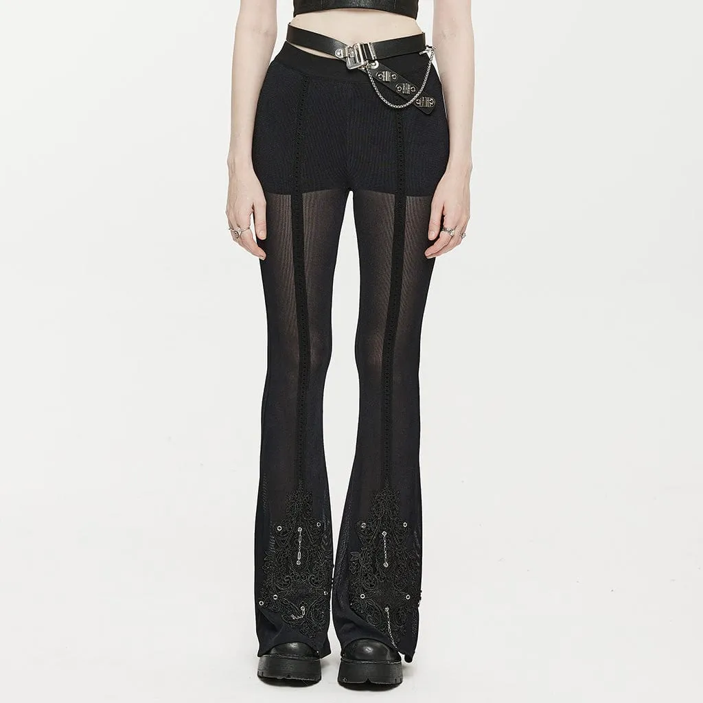 Women's Gothic Eyelet Splice Mesh Flared Pants