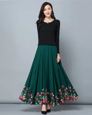 Women's linen skirt, maxi skirt, embroidered skirt, elastic waist skirt, flare skirt, cotton skirt, high waist skirt, long skirt, A-line skirt Q0056