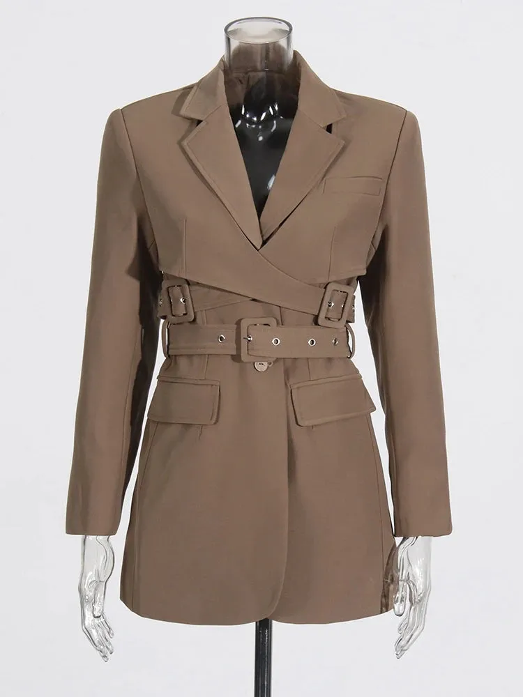 Women's Luxe Brown Tailored Belted Blazer